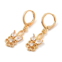 Clear Rack Plating Golden Brass Dangle Leverback Earrings, with Cubic Zirconia, Flower, Clear, 33.5x8.5mm