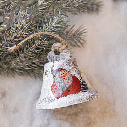 White Iron Bell with Santa Claus Pattern Pendant Decorations, for Christmas Tree Hanging Ornaments, White, 80x75mm