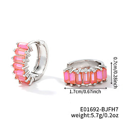 Pink Латунные прямоугольные серьги-кольца, с кубического циркония, платина, розовые, 17x7 мм