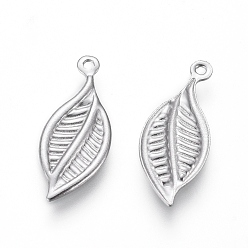 Stainless Steel Color 304 Stainless Steel Pendants, Leaf, Stainless Steel Color, 19x8x1mm, Hole: 1mm