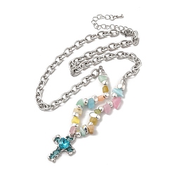Colorful Alloy Glass Cross Pendant Necklace with Cat Eye Chips Beaded Chains, Titanium Steel Jewelry for Women, Colorful, 17.52 inch(44.5cm)