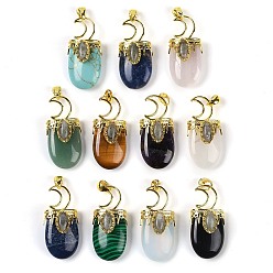 Смешанные камни Природные и синтетические смешанные подвески драгоценных камней, Луна прелести, с реечным покрытием позолоченные латунные выводы, без свинца и без кадмия, смешанные окрашенные и неокрашенные, 43.5~45x20~22x14.5~15.5 мм, отверстие : 6.5x5 мм