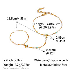 Real 18K Gold Plated Natural Turquoise 304 Stainless Steel Flower Hand Chain Ring Bracelets for Women, Real 18K Gold Plated, 6.69 inch(17cm)