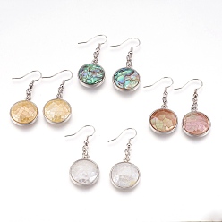 Mixed Color Shell Dangle Earrings, with Platinum Tone Brass Findings, Flat Round, Mixed Color, 44mm, Pin: 0.7mm