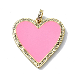 Pearl Pink Rack Plating Real 18K Gold Plated Brass Micro Pave Cubic Zirconia Pendants, with Enamel, Long-Lasting Plated, Lead Free & Cadmium Free, Heart, Pearl Pink, 31x30.5x2.5mm, Hole: 4.5x3mm