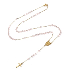 Pink Glass Rosary Bead Necklaces, Vacuum Plating Golden 304 Stainless Steel Cross Pendant Necklace, Pink, 18.11~18.94 inch(46~48.1cm)