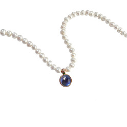 Королевский синий Стеклянные плоские круглые ожерелья с подвесками в стиле камня, с цепочками из бисера с имитацией жемчуга, королевский синий, 15.75 дюйм (40 см)