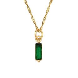 Green Birthstone Style Cubic Zirconia Rectangle Pendant Necklaces, Golden Titanium Steel Necklace, Green, 17.72 inch(45cm)