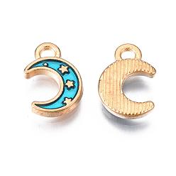 Prussian Blue Light Gold Plated Alloy Enamel Pendants, Moon with Star, Prussian Blue, 11.5x7.5x1.5mm, Hole: 1.5mm