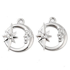 Real Platinum Plated Brass Pendant Rhinestone Settings, Moon with Star Pendants, Real Platinum Plated, Fit for 3mm Rhinestone, 34x30x2mm, Hole: 3mm, 