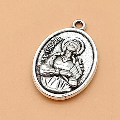 Antique Silver Alloy Pendant, Oval with St. Isidore, Antique Silver, 26x16mm