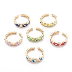 Mixed Color Brass Enamel Cuff Rings, Open Rings, Long-Lasting Plated, Evil Eye, Golden, Mixed Color, US Size 8(18.1mm)