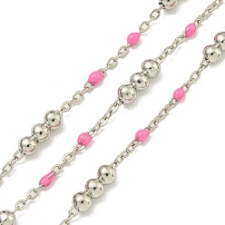 Ярко-Розовый Цепочка из латунных эмалевых круглых бусин, пайки, с катушкой, долговечный, без кадмия и без свинца, платина, ярко-розовый, 12x3.5 мм
