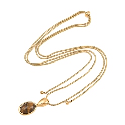 Золотой 304 Овальный кулон из нержавеющей стали с натуральным тигровым глазом, круглая цепочка-слайдер, длинное ожерелье, ионное покрытие (ip), золотые, 39.37 дюйм (100 см)