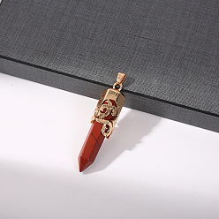 Red Jasper Natural Red Jasper Pointed Hexagonal Big Pendants, Golden Plated Alloy Faceted Bullet Charms, 53x13mm
