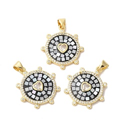 Черный Подвески «Солнце с сердцем» из латуни с микропаве и цирконием, с эмалью и ракушкой, долговечный, без свинца и без кадмия, реальный 18 k позолоченный, чёрные, 25x22x3 мм, отверстие : 4x5 мм