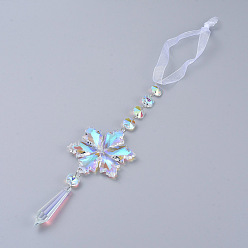 Clear AB Crystals Chandelier Suncatchers Prisms, Snowflake & Pointed Bullet Glass Hanging Pendant, with Organza Ribbon, Faceted, Full Rainbow Plated, Clear AB, 380mm