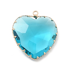 Aquamarine K9 Glass Pendants, Heart Charms, with Light Gold Tone Brass Findings, Faceted, Aquamarine, 31x28x9mm, Hole: 2mm