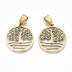Real 18K Gold Plated Hollow Out Design Pendants, 201 Stainless Steel Pendants, with Snap on Bails, Laser Cut, Flat Round with Tree of Life, Real 18K Gold Plated, 25.5x23x1.5mm, Hole: 9x4mm