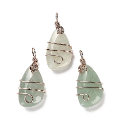 Green Aventurine Natural Green Aventurine Pendants, Rack Plating Brass Wire Wrapped Gems Teardrop Charms, Cadmium Free & Lead Free, Rose Gold, 37~40x19~19.5x9.5~10mm, Hole: 4.5~5mm