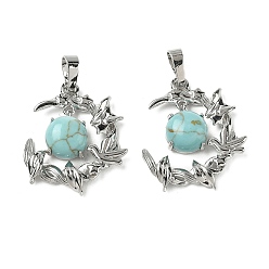 Синтетическая Бирюза Окрашенные синтетические бирюзовые подвески, латунные подвески в виде птиц и луны, платина, стойки покрытие, 27~28.5x23.5~24.5x6.5~7 мм, отверстие : 7x5 мм