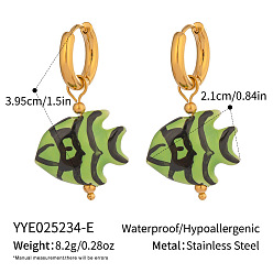 Зеленый Серьги-кольца из нержавеющей стали и керамики, реальный 18 k позолоченный, зелёные, 39.5x21 мм