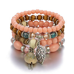 Warm color B0020-17 Bohemian Beach Shell Tassel Multi-layer Bracelet Set for Women with Wood Beads, Crystals and Coconut Shells