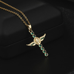 A Mary and Jesus Necklace with Angel Wings Pendant, Cubic Zirconia Inlaid Gold Plated Collarbone Chain for Women