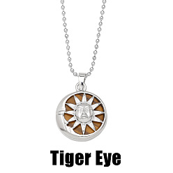 Tiger Eye Sun and Moon Pendant Necklace with Crystal & Agate for Women - Elegant Lock Collar Chain