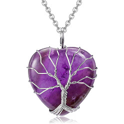 Amethyst Natural Amethyst Tree of Life Pendants, Heart Charms with Platinum Alloy Wire Wrapped Tree, 37x31mm