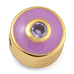 Фиолетовый Стойки обшивки латунь микро проложить кубического циркония бусы, с эмалью, без кадмия и без свинца, долговечный, реальный 18 k позолоченный, плоские круглые с сглаза, фиолетовые, 7.5x6 мм, отверстие : 1.8 мм