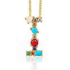 Letter I Golden Brass Micro Pave Cubic Zirconia Initial Pendants Necklaces, with Cable Chains, Colorful, Letter, Letter.I, 17.9~18.1 inch(45.5~46cm)x1.5mm, LetterI: 21x10x6mm
