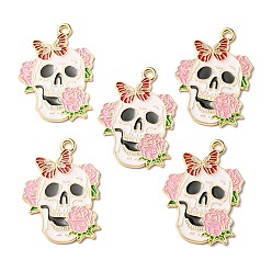 Pink Halloween Alloy Pendants, with Enamel, Light Gold, Skull with Rose Charm, Pink, 30.0x21.5x1mm, Hole: 1.6mm