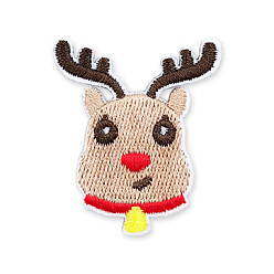 Tan Christmas Theme Computerized Embroidery Polyester Self-Adhesive/Sew on Patches, Costume Accessories, Appliques, Christmas Reindeer/Stag Head, Tan, 40x34mm