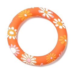 Dark Orange Food Grade Eco-Friendly Silicone Pendants, Ring with Flower Pattern, Dark Orange, 65x10mm, Hole: 4mm