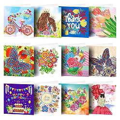 Mixed Color DIY Diamond Painting Greeting Card Kits, Including Canvas Bag, Resin Rhinestones, Pen, Tray & Glue Clay, Rectangle, Mixed Color, 300x150mm, 12pcs/set