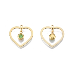 Peridot 201 Stainless Steel Pendants, with Rhinestone, Heart with Flat Round, Real 18K Gold Plated, Peridot, 23x24x1mm, Hole: 1.6mm