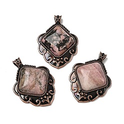Родонит Подвески-ромбы из натурального родонита, с винтажной латунной рамкой красного медного оттенка, 40~40.5x29~29.5x7.5 мм, отверстие : 5x3.5 мм