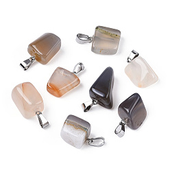 Grey Agate Natural Grey Agate Pendants, with Stainless Steel Snap On Bails, Nuggets, 15~35x10~20x5~15mm, Hole: 3x7.5mm