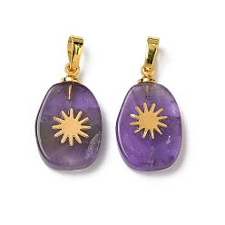 Аметист Подвески из натурального аметиста , плоские овальные подвески золотистого оттенка 304 солнечные пластины из нержавеющей стали и латунные застежки-кнопки, 19~20.5x12~12.3x3.5~4 мм, отверстие : 6x3 мм