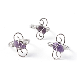 Amethyst Natural Amethyst Chips with Vortex Finger Ring, Platinum Brass Wire Wrap Jewelry for Women, Inner Diameter: 18mm