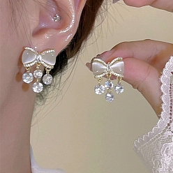 Golden Alloy Rhinestone Studs Earring, Bowknot Resin Earring with 925 Sterling Silver Pins, Golden, 50x50mm