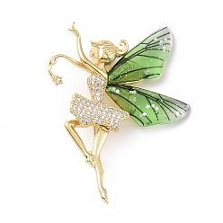 Lawn Green Resin Fairy Lapel Pin with Clear Cubic Zirconia, Real 18K Gold Plated Brass Badge with Loop for Jewelry Pendant, Cadmium Free & Lead Free, Lawn Green, 38x53x6.5mm