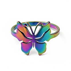 Rainbow Color Ионное покрытие (ip) 201 толстое кольцо на палец в виде бабочки из нержавеющей стали для женщин, Радуга цветов, внутренний диаметр: 17~18 мм