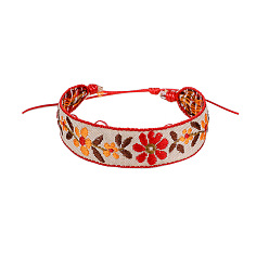 Flower Cotton Flat Cord Bracelet with Wax Ropes, Braided Ethnic Tribal Adjustable Bracelet for Women, Flower, 7-1/4 inch(18.5cm)