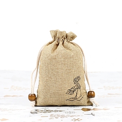 Pale Goldenrod Cotton Linen Pouches, Drawstring Bag, with Wood Beads, Rectangle with Lotus, Pale Goldenrod, 10x8cm