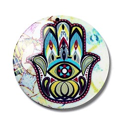 Colorful Opaque Acrylic Pendants, Flat Round with Hamsa Hand & Evil Eye, Colorful, 42.5x2mm, Hole: 1.5mm