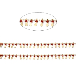 Dark Red Glass Beaded Teardrop Charm Chains, with Real 18K Gold Plated Brass Curb Chains, Soldered, with Spool, Dark Red, 1.5mm