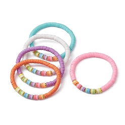 Mixed Color Polymer Clay Heishi Surfer Stretch Bracelet, Preppy Bracelet, Mixed Color, Inner Diameter: 2-1/4 inch(5.6cm)