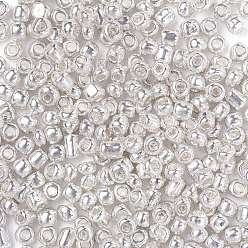 Silver 12/0 Glass Seed Beads, Metallic Colours Style, Round, Silver, 12/0, 2mm, Hole: 1mm, about 30000pcs/pound